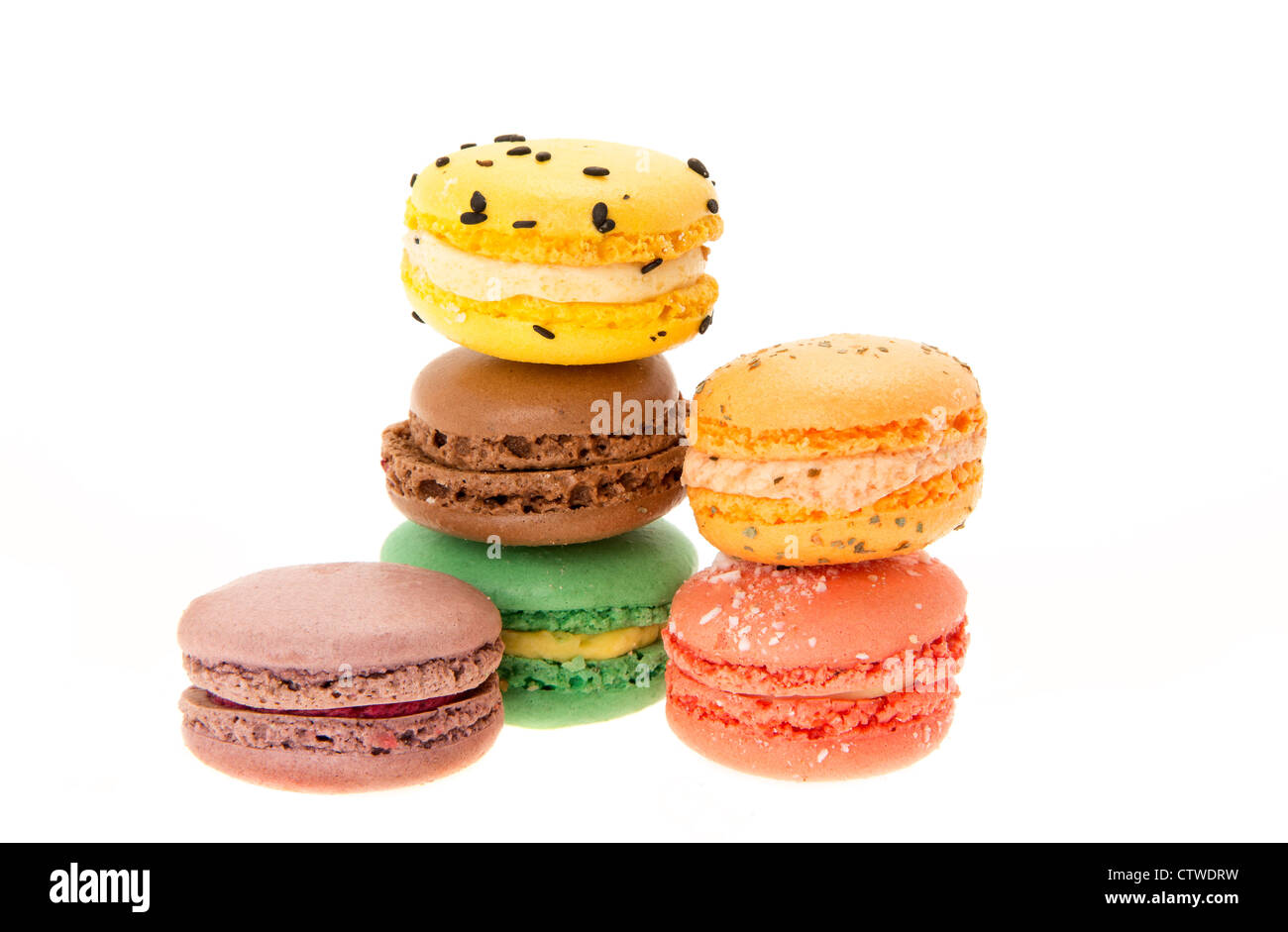 Group of fresh colourful macaroons - studio shot with a white background Stock Photo