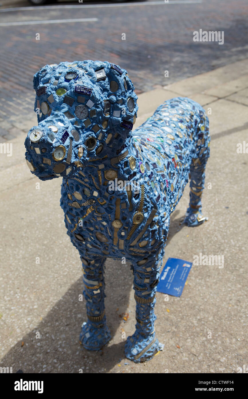 'Watch Dog' dog sculpture by Chartreuse Co-op on display in downtown St. Joseph, Michigan Stock Photo
