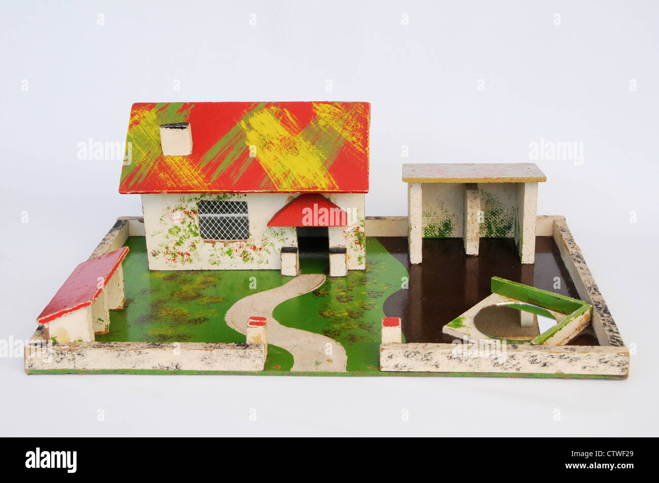 A vintage child's wooden toy farmyard from the 1960's made by Amersham Stock Photo