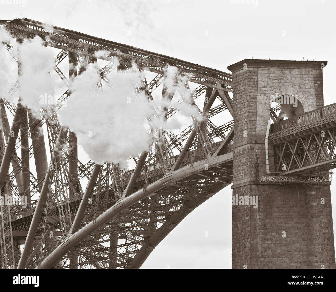 Steam train Bittern crosses the Forth Rail Bridge Stock Photo