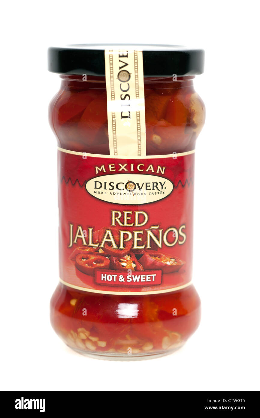 Jar of Mexican Discovery red sweet Jalapenos Stock Photo