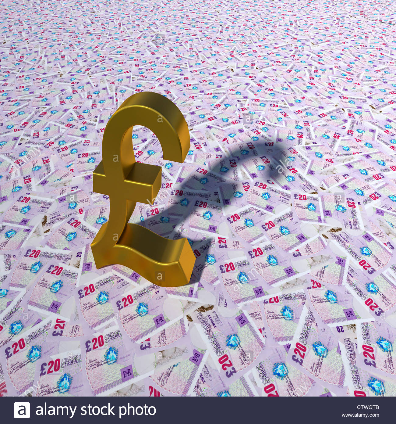 Pound Symbol On Floor Covered In 20 Pound Notes Stock Photo