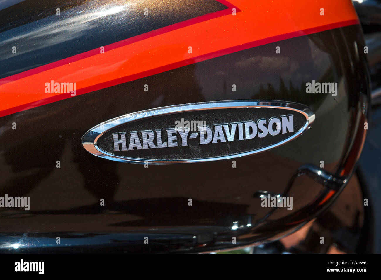 Close up of the maker's marque on a Harley Davidson motorcycle Stock Photo