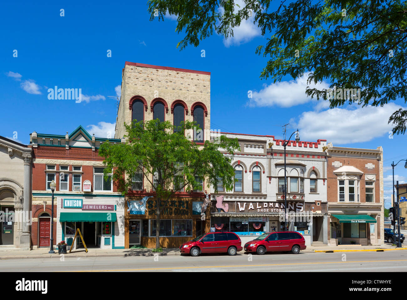 Traditional stores on Main Street in a small US town, Jefferson, Wisconsin, USA Stock Photo