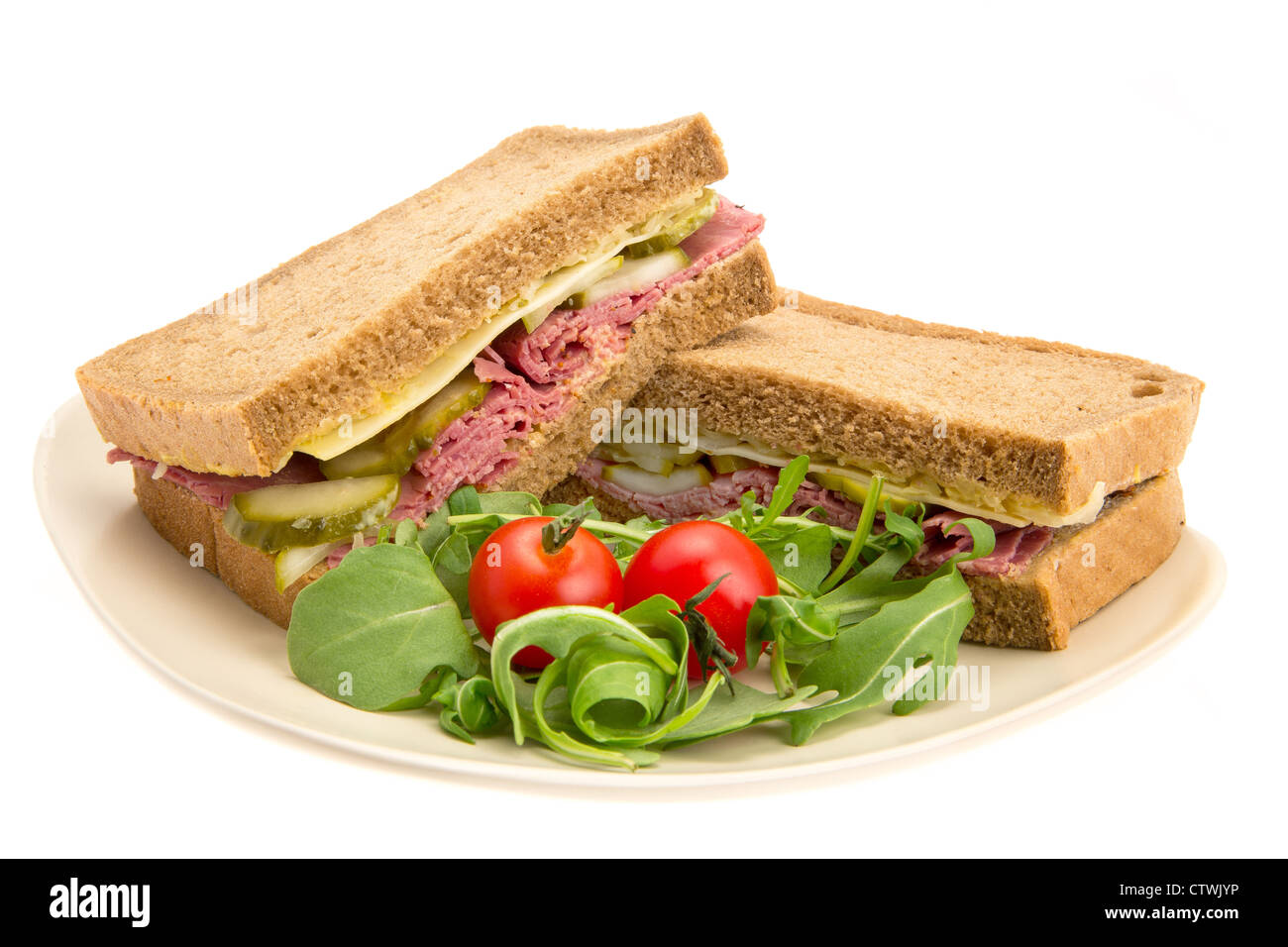 New York style Pastrami sandwich on rye bread studio shot with a