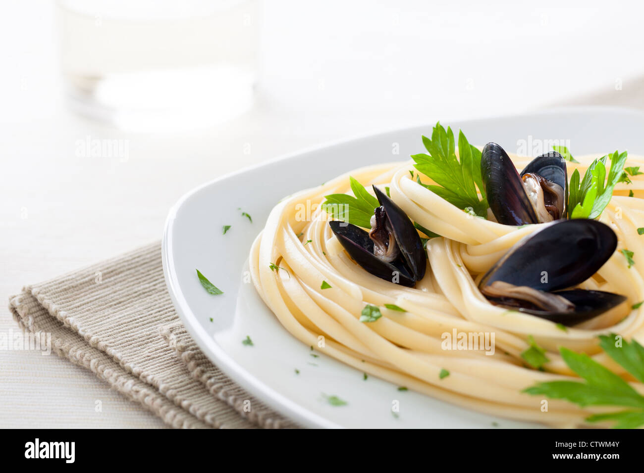 Traditional Italian Seafood Pasta With Mussels Spaghetti And Tomato Sauce White Background Top View Stock Photo Alamy