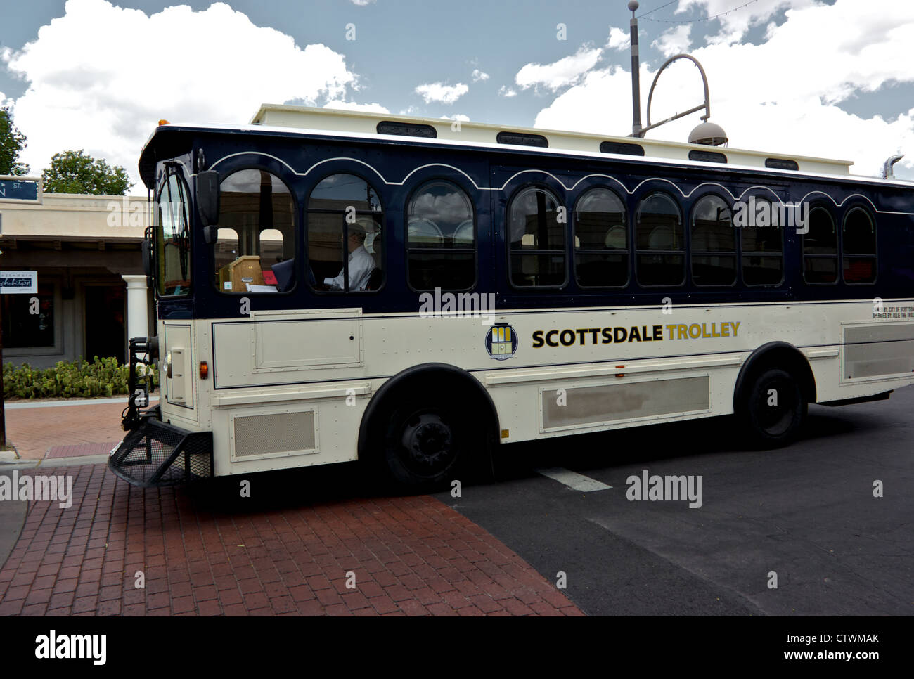 Free Old Town Scottsdale AZ downtown 'hop on hop off' trolley bus service Stock Photo