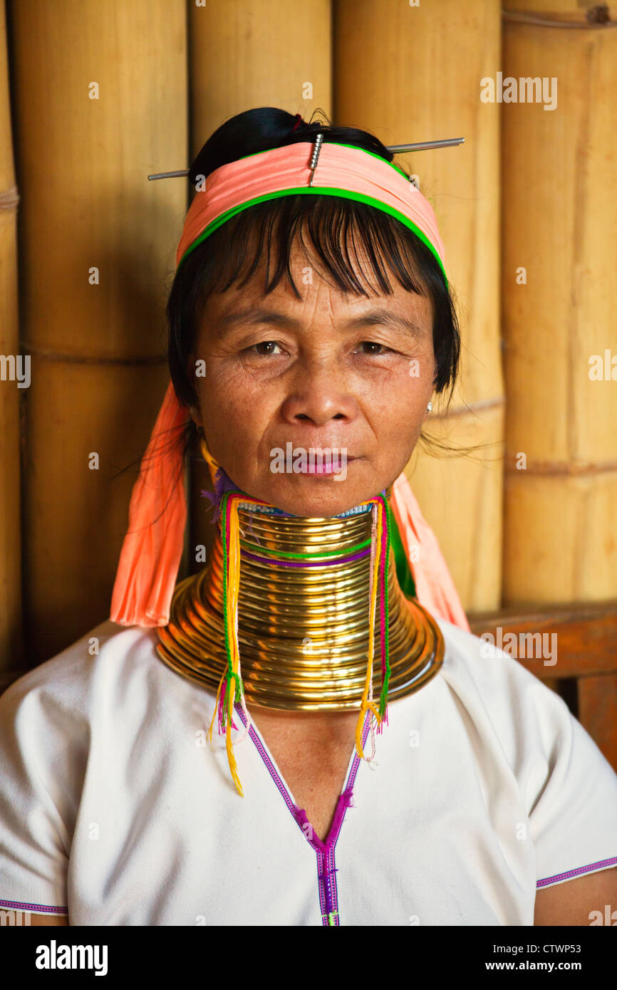 The KAYAN are a TIBETO BURMAN subgroup of the RED KAREN known for stretching their necks with metal rings - MYANMAR Stock Photo