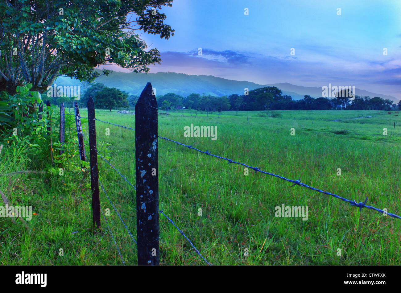 Summer pasture with fence and evening sky, mountains. Stock Photo