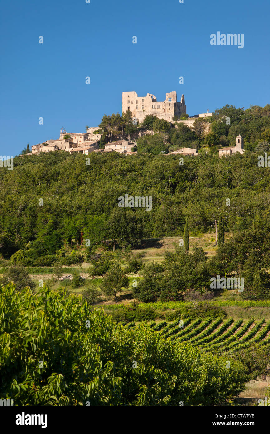 Ruins of Chateau Marquis de Sade above medieval town of Lacoste, Provence France Stock Photo