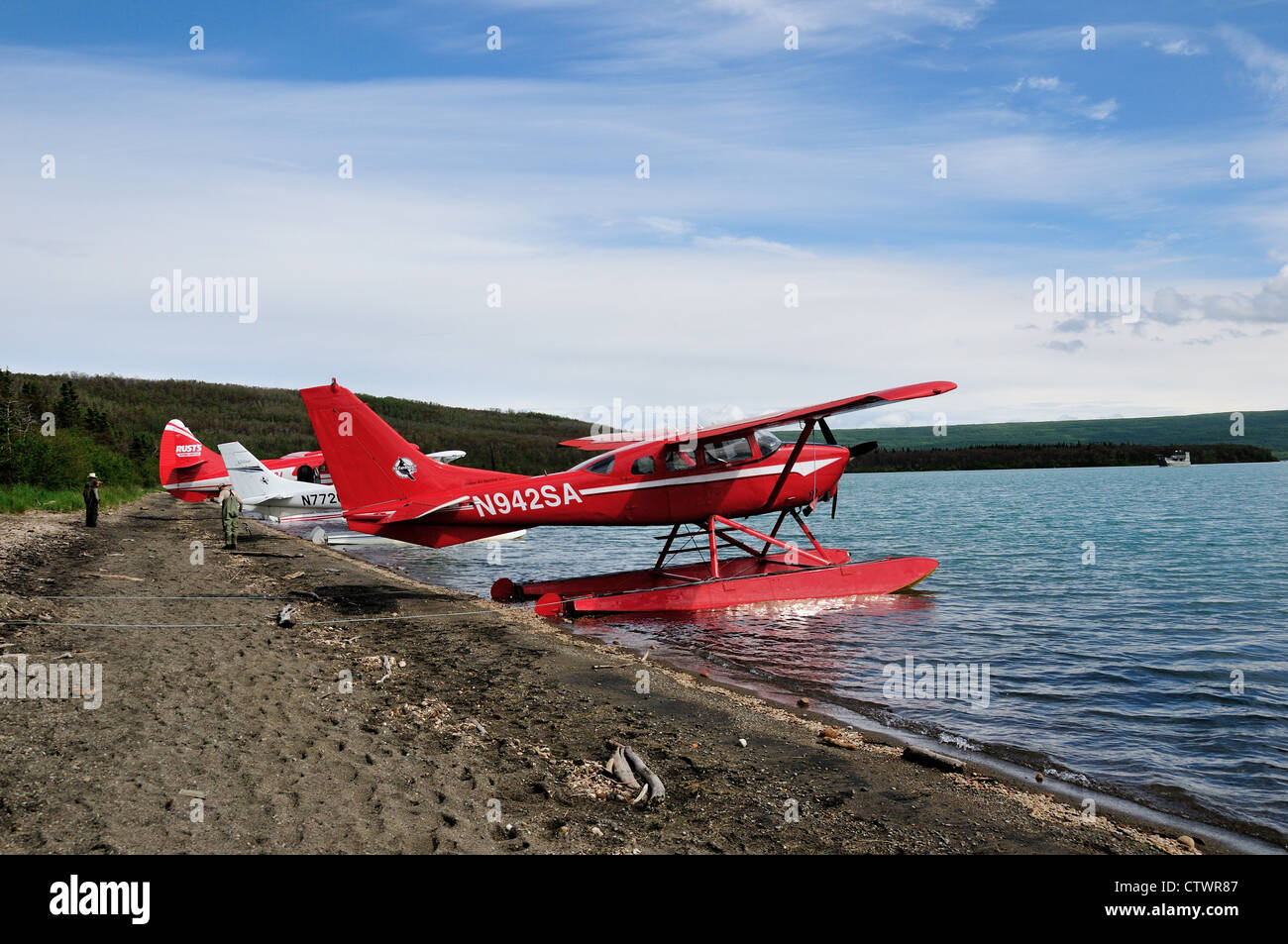 Small floater airplanes at Brooks Camp by the Naknek Lake. Katmai National Park and Preserve. Alaska, USA. Stock Photo