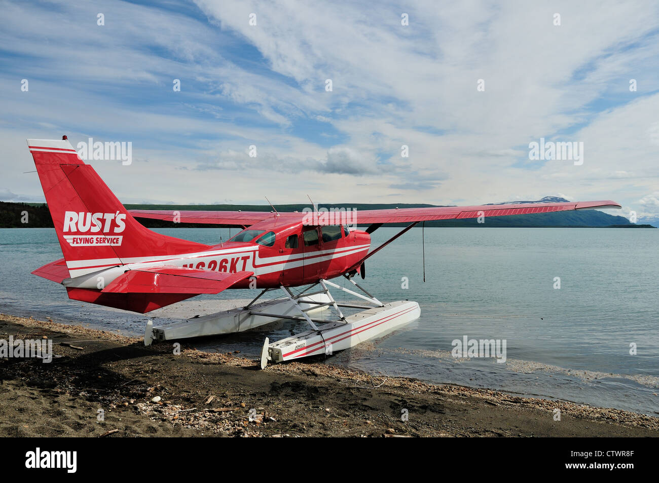 Small floater airplane at Brooks Camp by the Naknek Lake. Katmai National Park and Preserve. Alaska, USA. Stock Photo