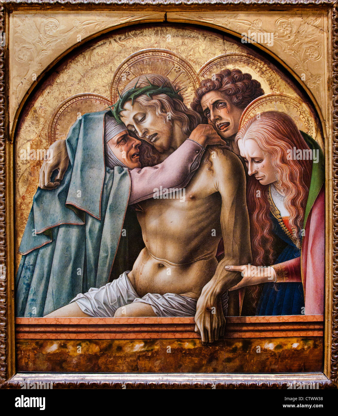 Pieta 1476 Carlo Crivelli 1457 –1493 Italy Pietà, Virgin Mary, cradling the dead body of Jesus, Lamentation of Christ mourned , Virgin Mary alone, Stock Photo