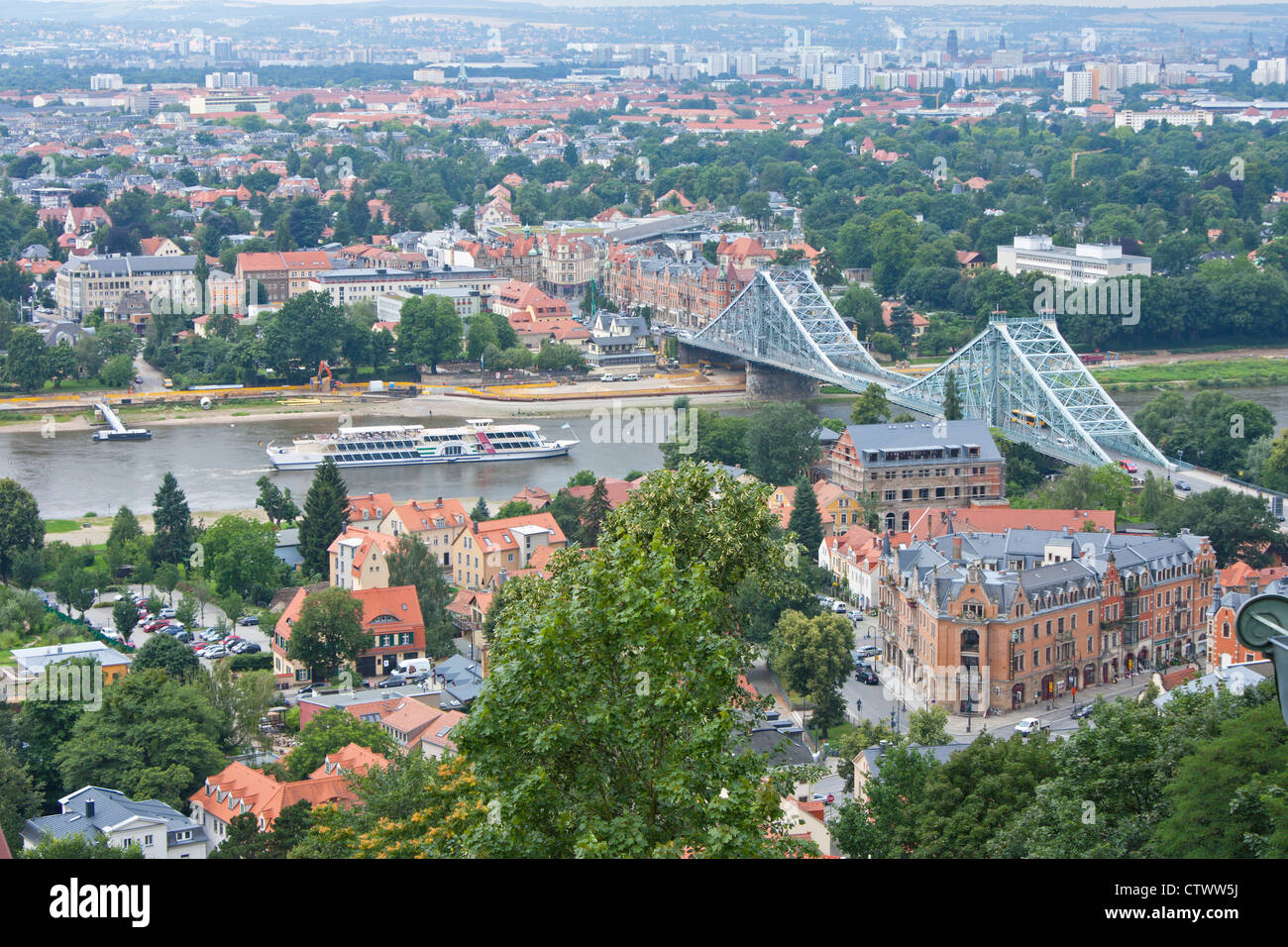 view from Loschwitzhoehe on the bridge called Blue Wonder, Loschwitz district, Dresden, Saxony, Germany Stock Photo