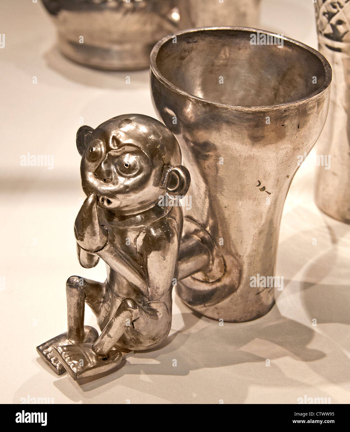 Double Vessel Monkey 14th–15th  Peru Culture  Chimú Silver H. 5 1/4 x W. 3 5/8 x D. 5 1/2 in. (13.3 x 9.3 x 14 cm) Peruvian Stock Photo