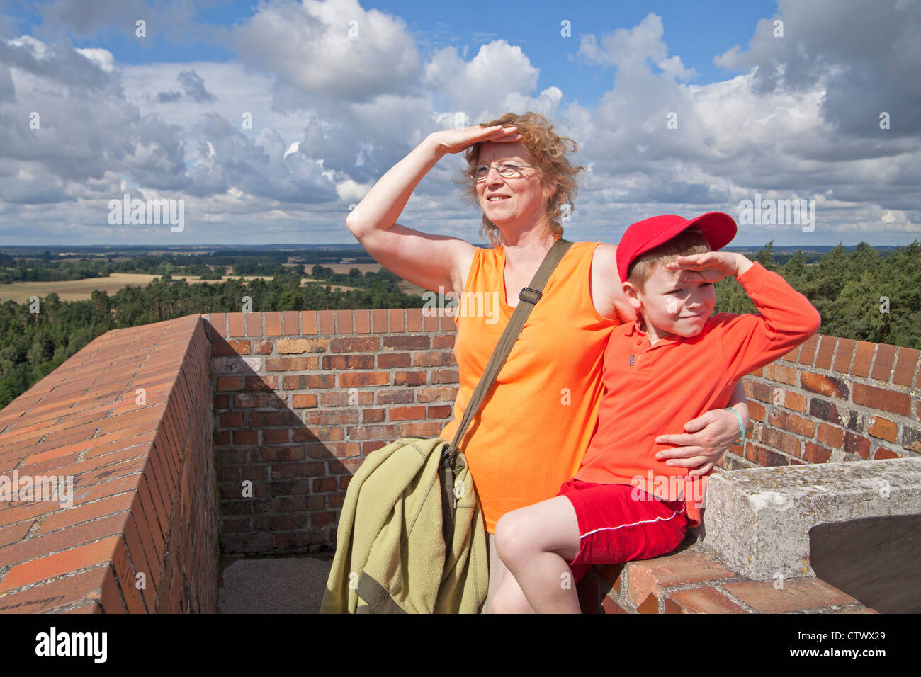 mother and son on the look-out near Teterow, Mecklenburg Switzerland, Mecklenburg-West Pomerania, Germany Stock Photo