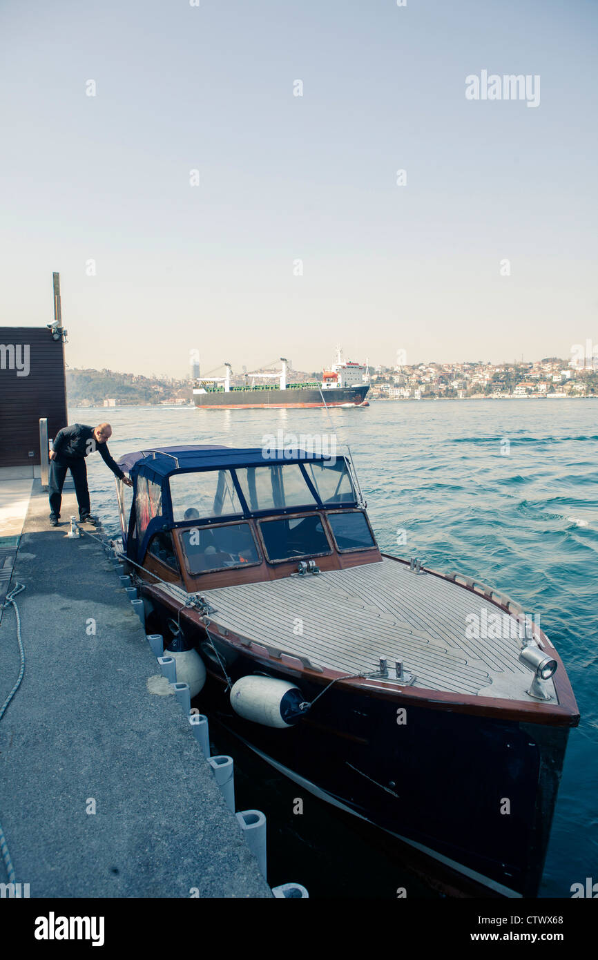 Boat on Bosphorus Bridge Istanbul Turkey Stock Photo - Alamy
