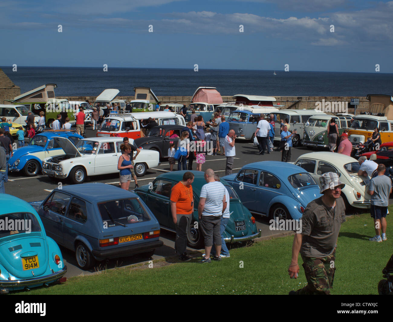Crowds of people gathering at a vintage Volkswagen classic Car and van festival in Northern England. Stock Photo