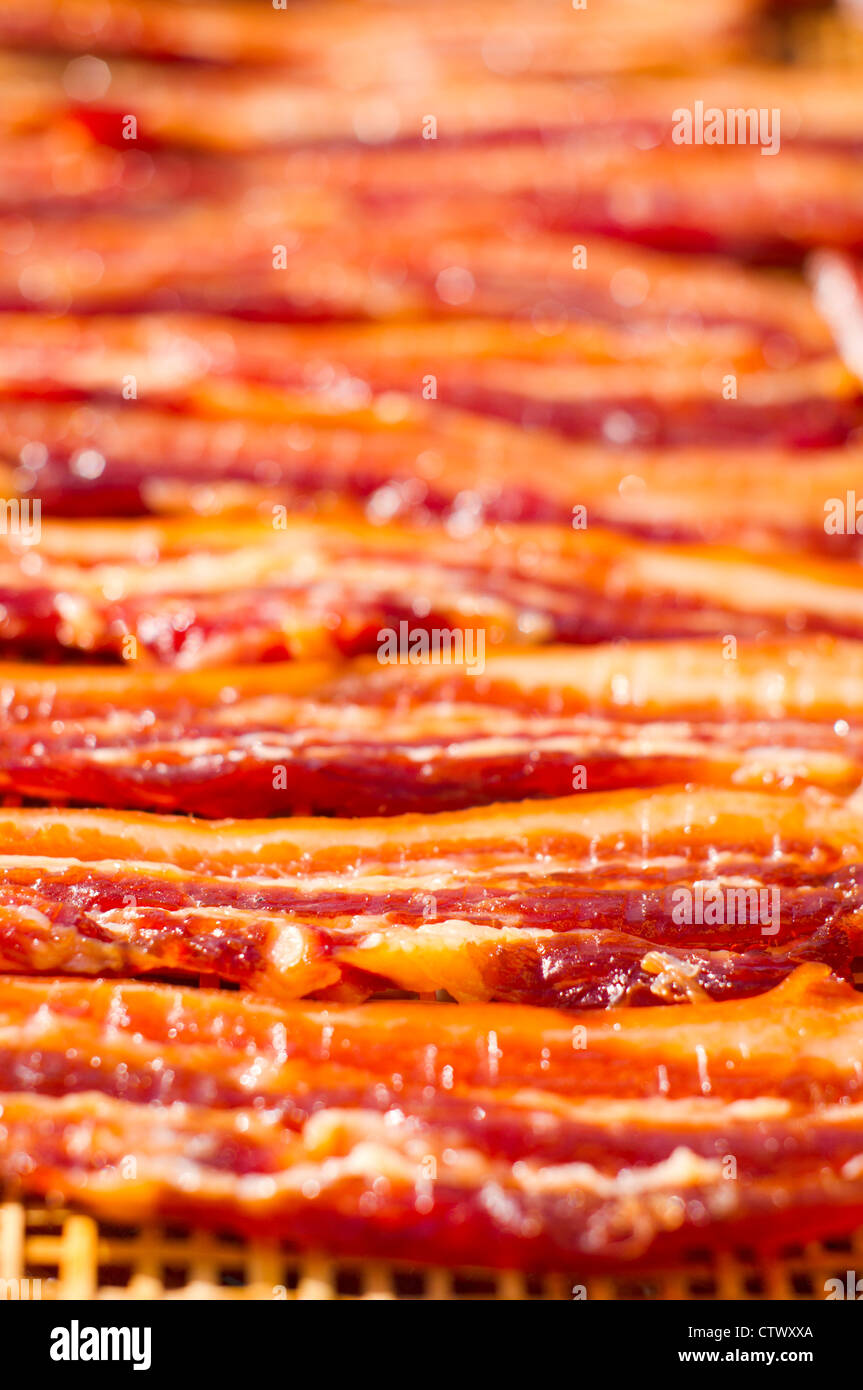chinese dried meat in food curing process, photo is taken at Penang