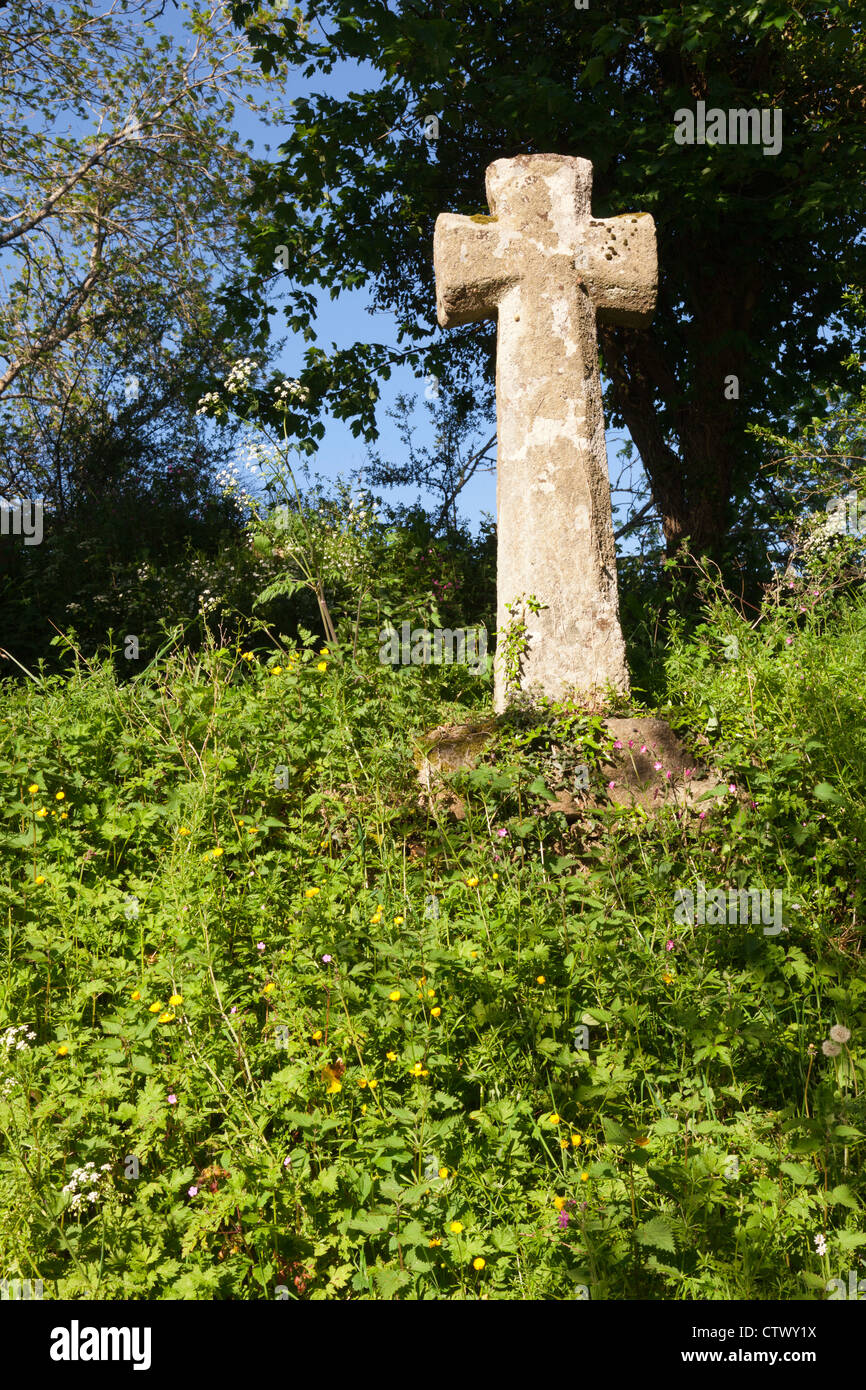 A wayside cross beside a Devonshire lane near North Bovey, Devon, UK Stock Photo