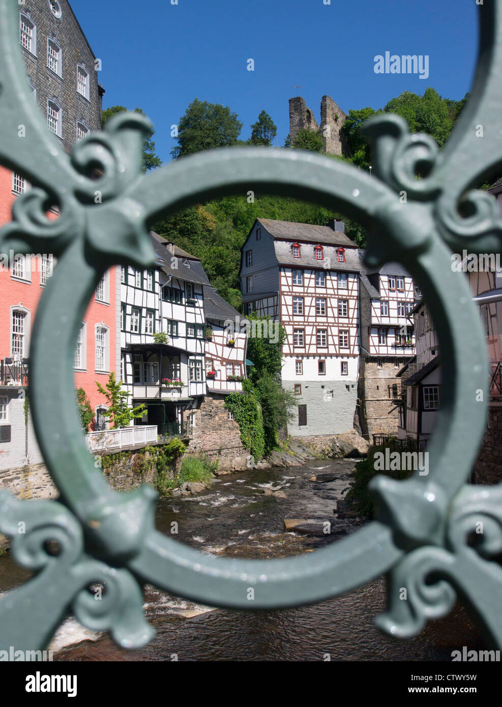 View of old half-timbered houses in historic village of Monschau in Eifel Region of Germany Stock Photo