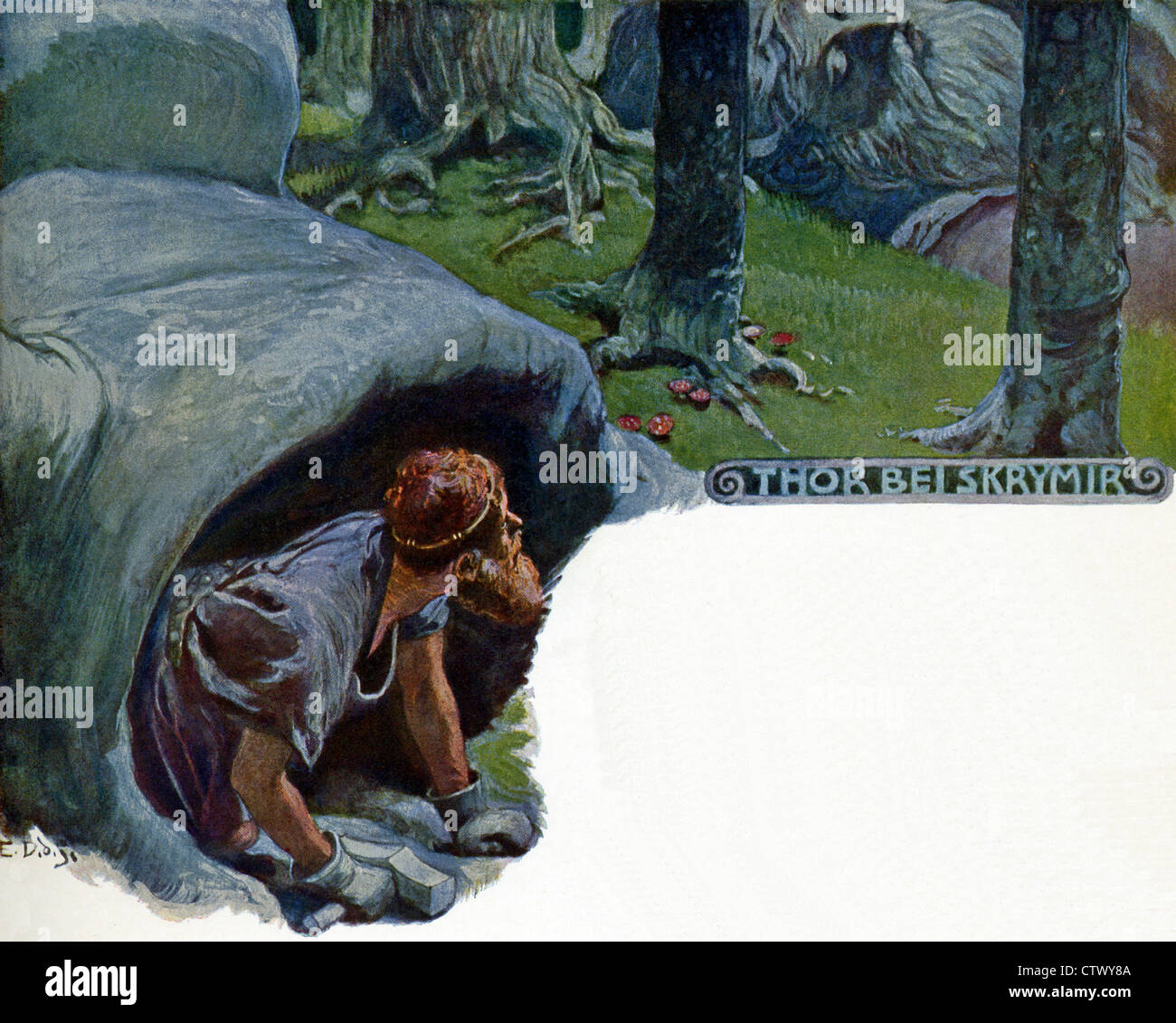 The Norse god Thor preparing to hit the loudly snoring giant Skrymir with his hammer Stock Photo