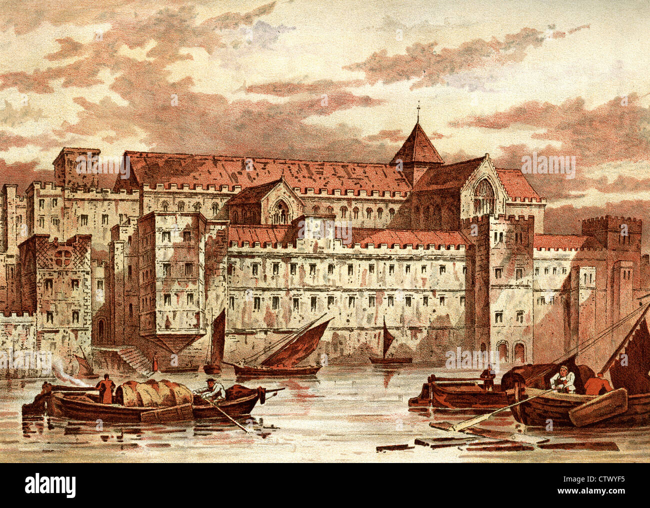 Vintage picture of old London. The Savoy Palace, Strand, built in 1245 by Peter Earl of Surrey and Richmond. Stock Photo