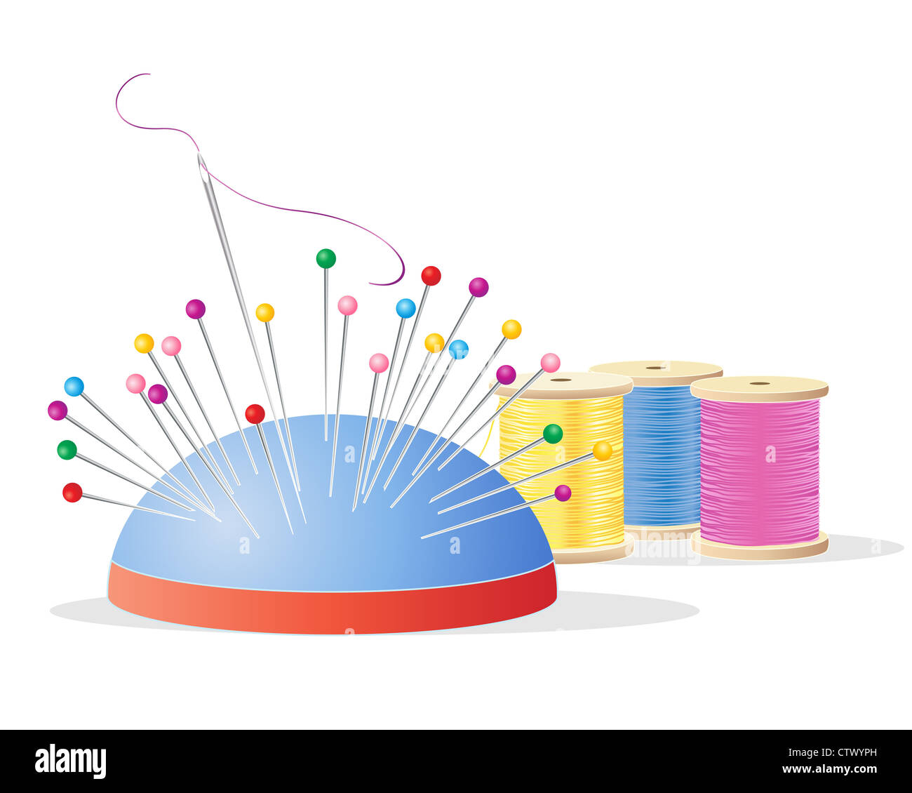 an illustration of a colorful pin cushion and pins with three reels of silk thread on a white background in a dressmaking advert Stock Photo