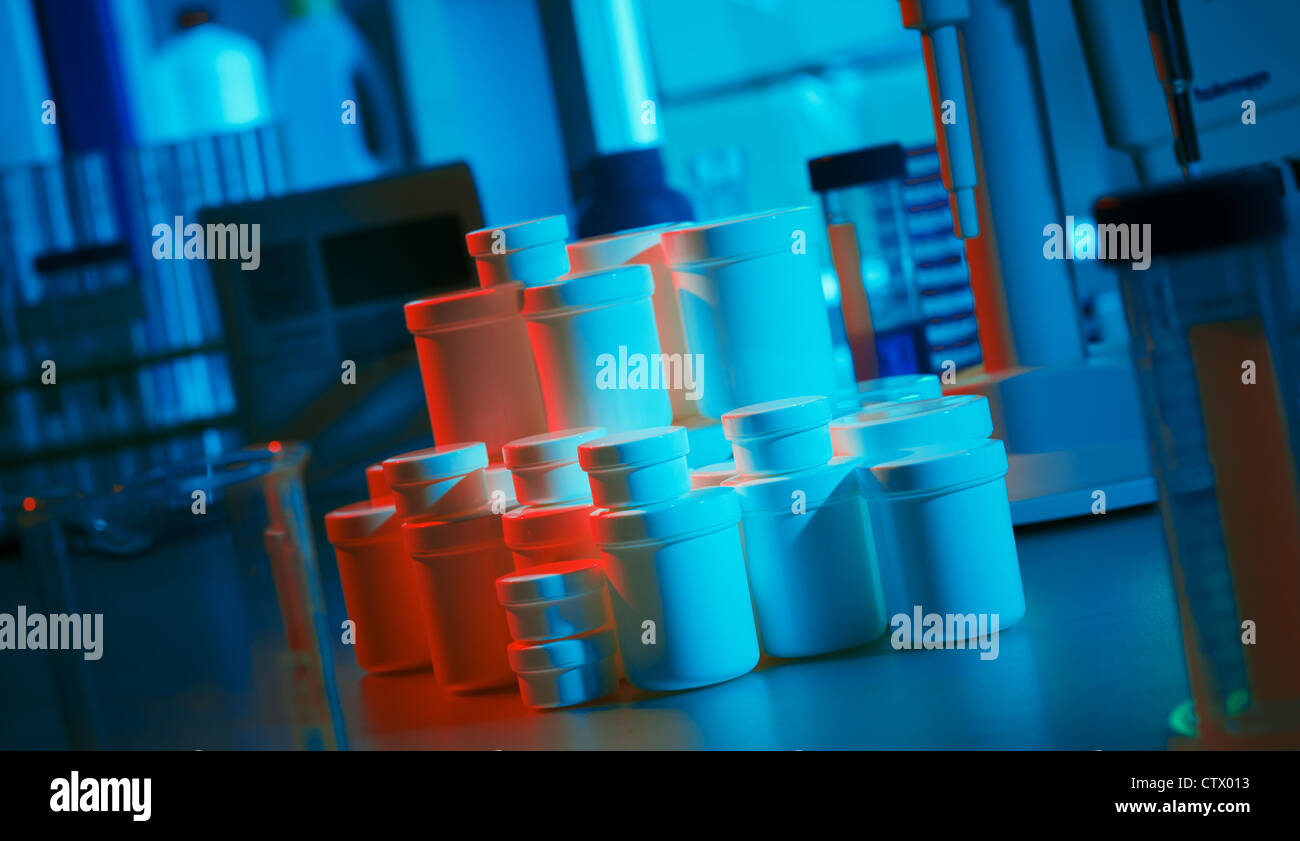 Сans with chemicals and biological samples in the laboratory Stock Photo