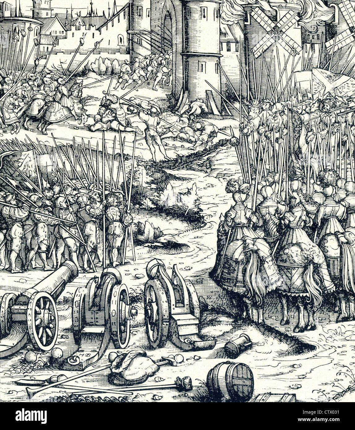 With cannon, spears, and cavalry, armed forces in the early 1500s lay siege to a city, only to be rebuffed. Stock Photo