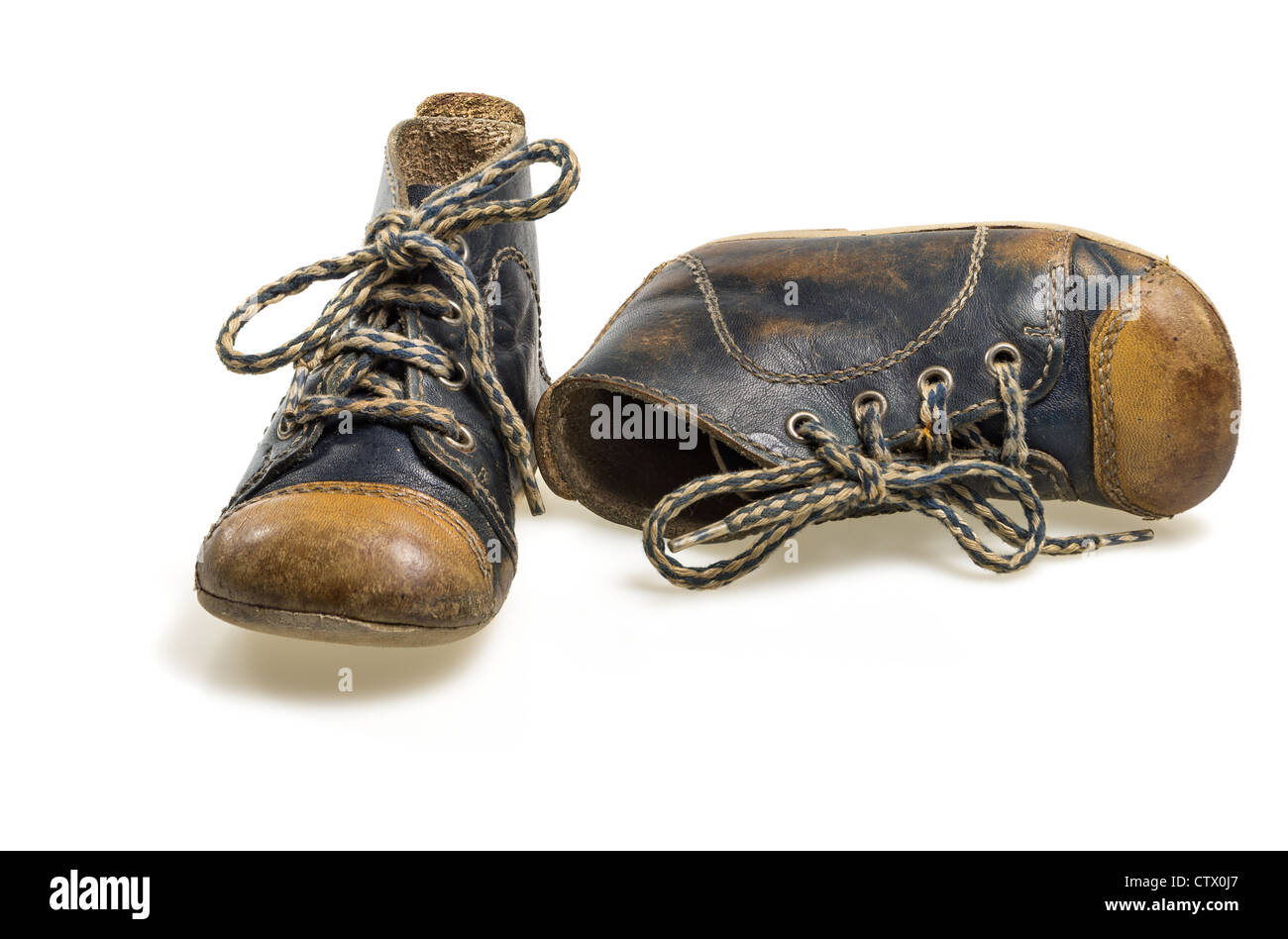 Blue baby leather shoes on a white background Stock Photo