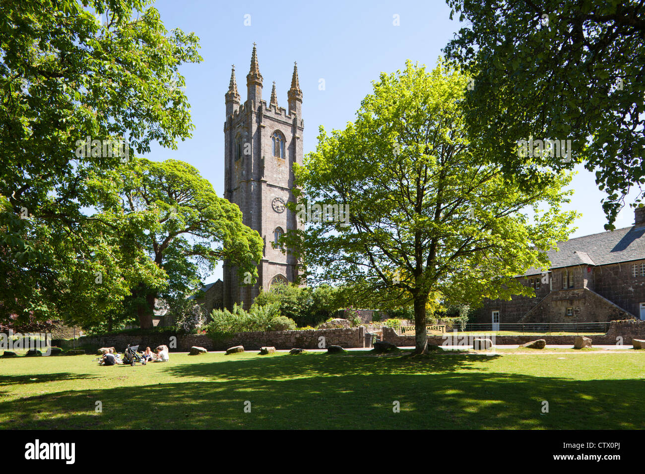 The village green at Widecombe in the Moor, Devon, UK. The village is immortalised in the folk song "Widecombe Fair". Stock Photo