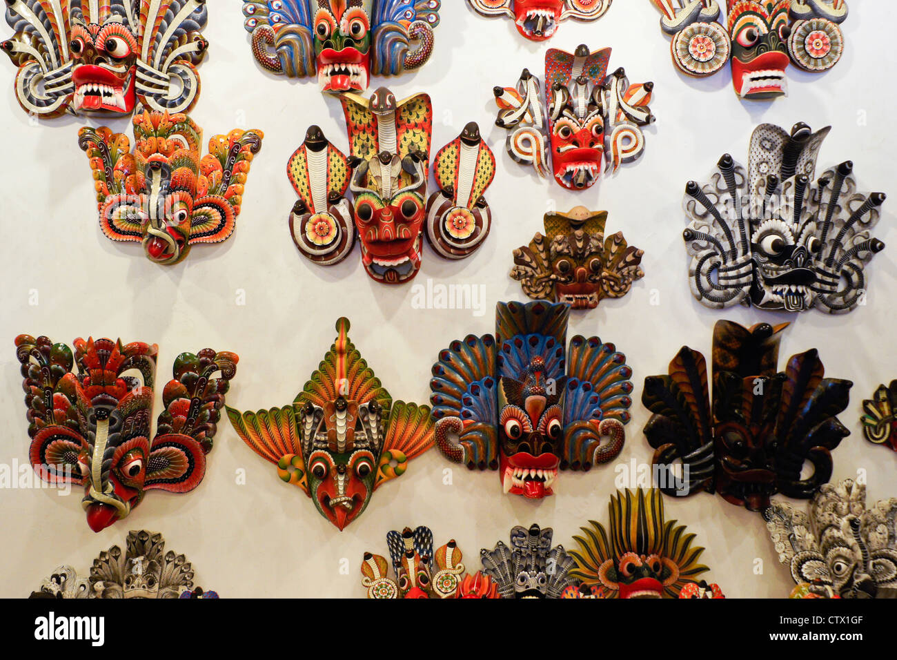 Carved wood dance masks of Sri Lanka Stock Photo