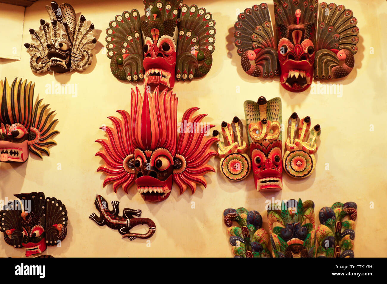 Carved wood dance masks of Sri Lanka Stock Photo