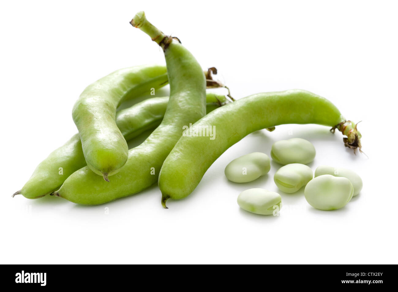 fava beans or broad beans shelled and in pods isolated on a white background Stock Photo
