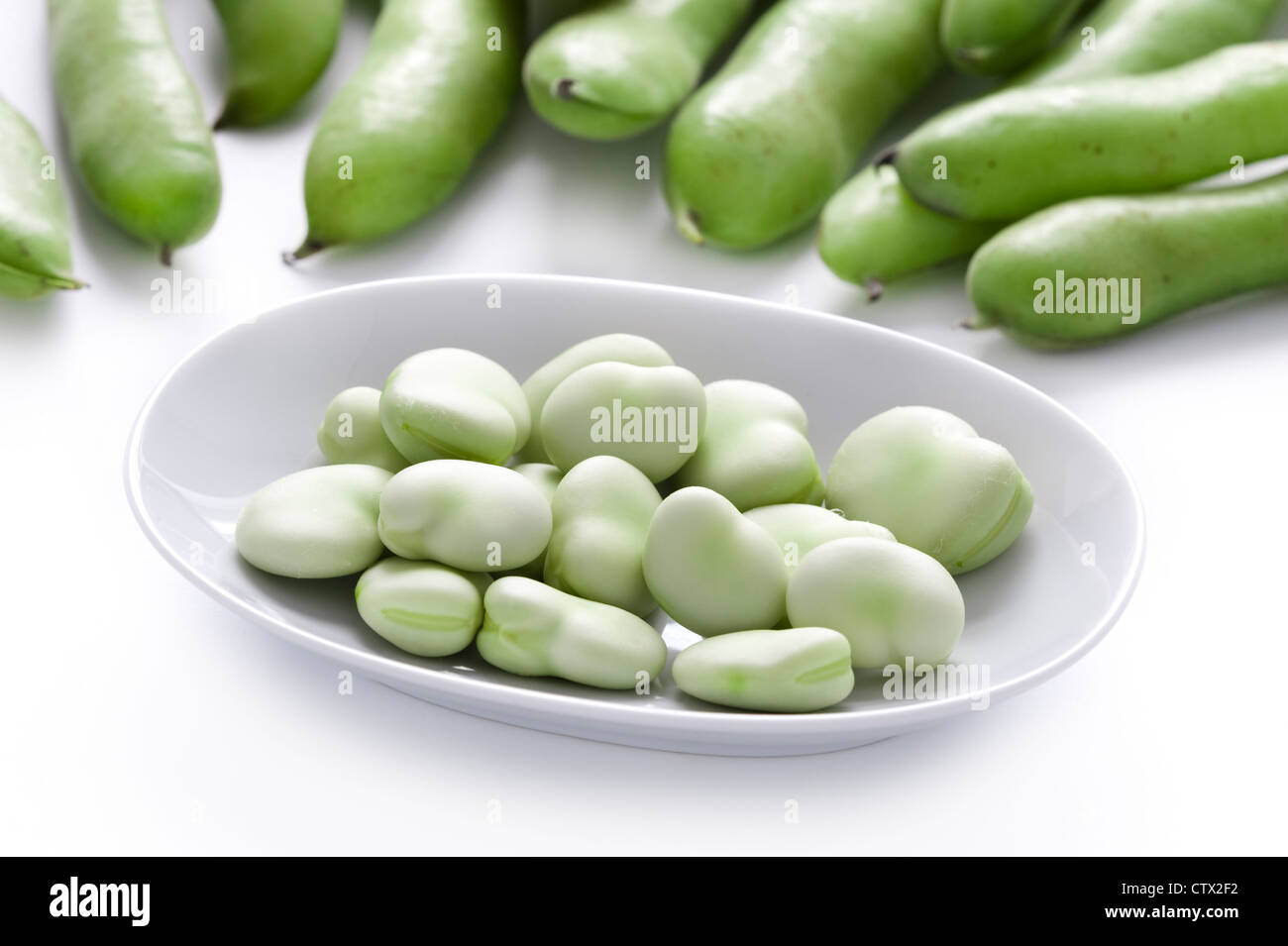 fresh broad beans or fava beans on white background studio shot Stock