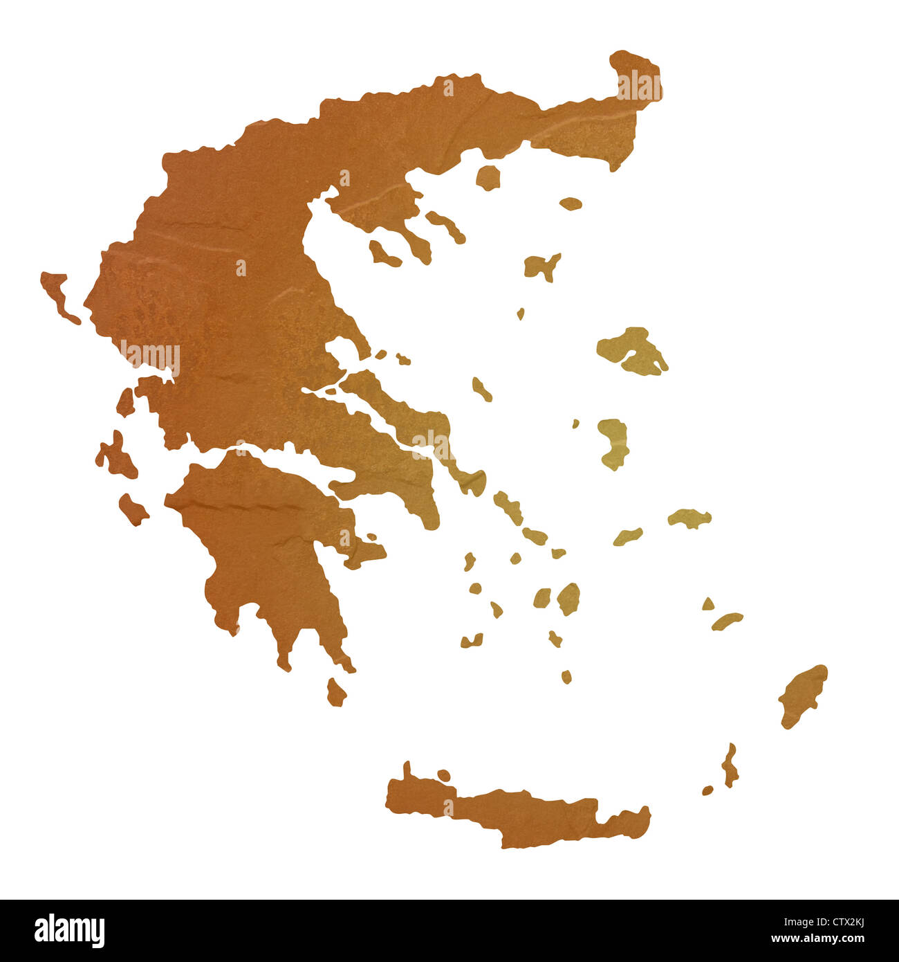Textured map of Greece map with brown rock or stone texture, isolated on white background with clipping path. Stock Photo