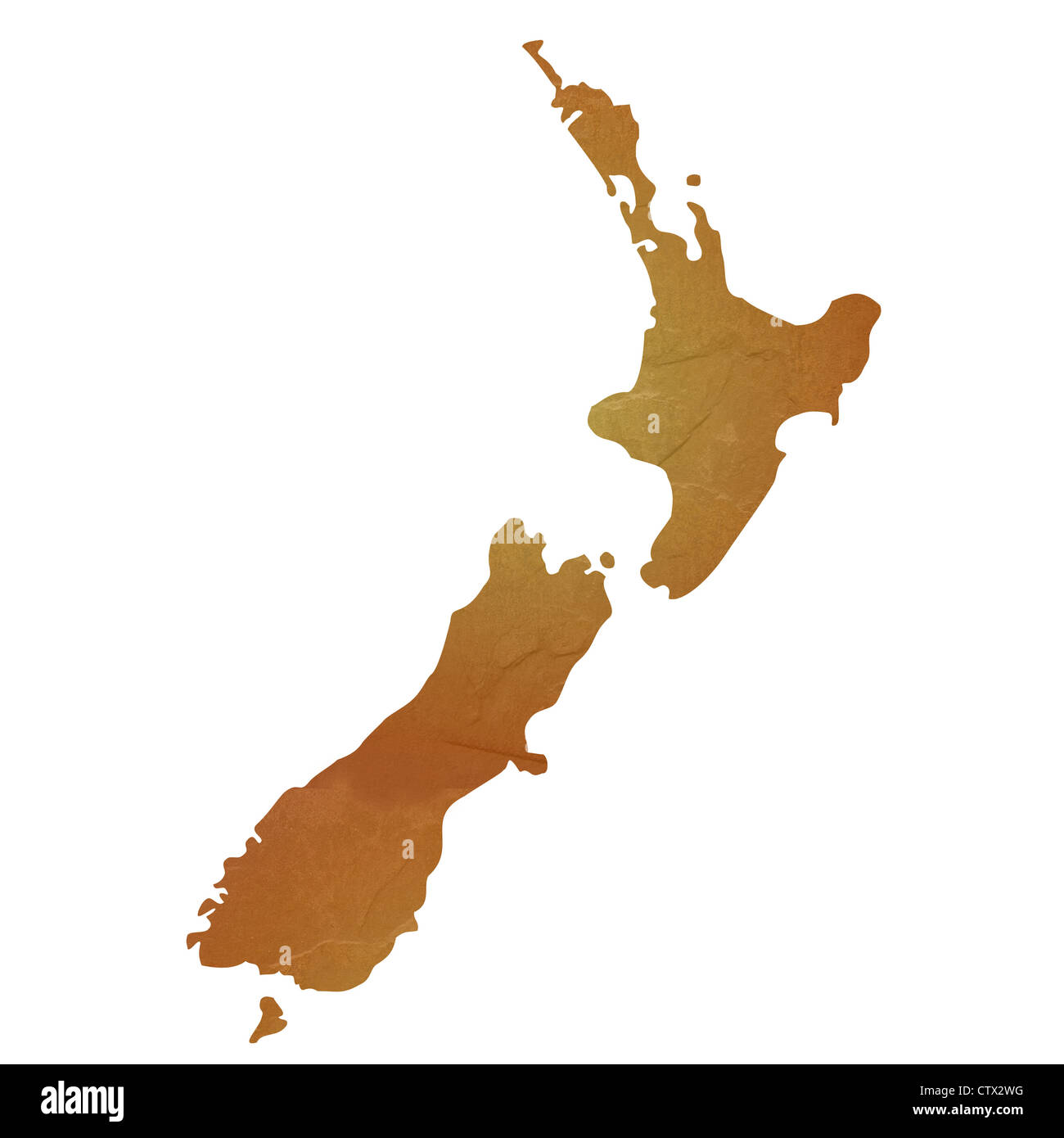 New Zealand map with brown rock or stone texture, isolated on white background with clipping path. Stock Photo