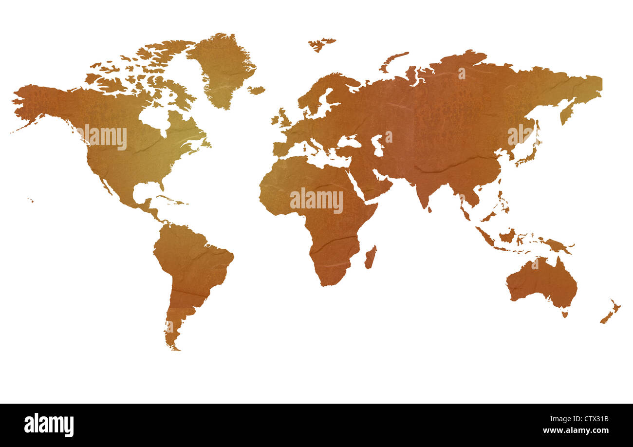 Textured map of the world globe map with brown rock or stone texture, isolated on white background with clipping path. Stock Photo