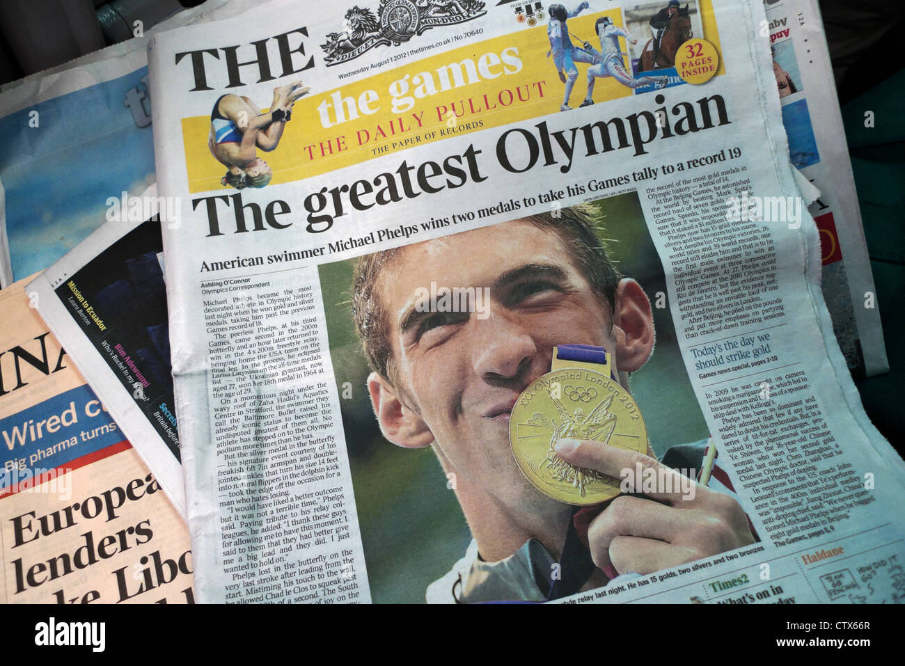 American swimmer Michael Phelps, multiple Olympic gold medal winner headlines the Times Newspaper London England UK Stock Photo