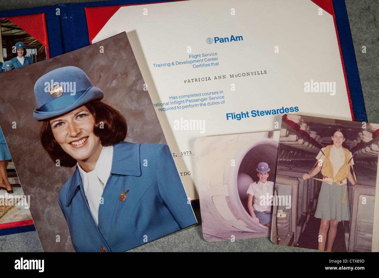 Pan American Airlines Flight Stewardess Graduation Diploma and Photo, 1973 Stock Photo