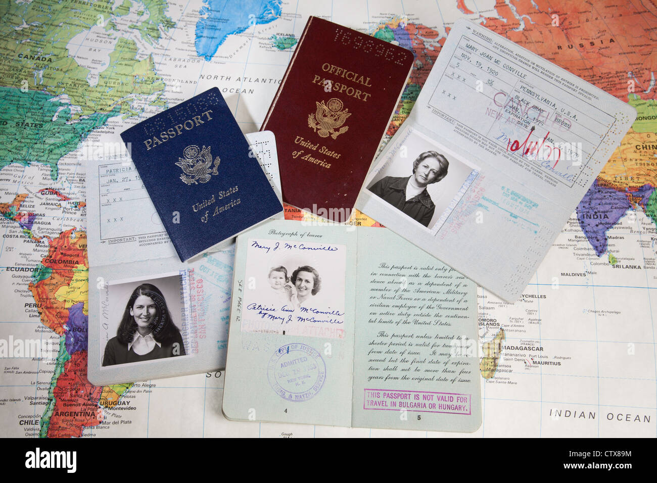 Passports, World Travel, Mother and Daughter Still Life Stock Photo