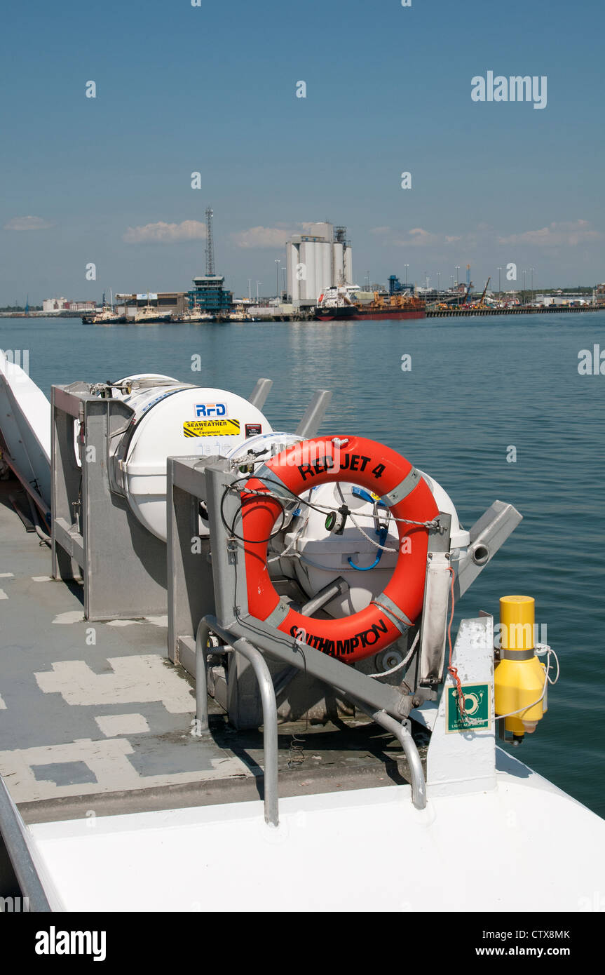 Life saving equipment on the outer deck of a fast ferry Stock Photo
