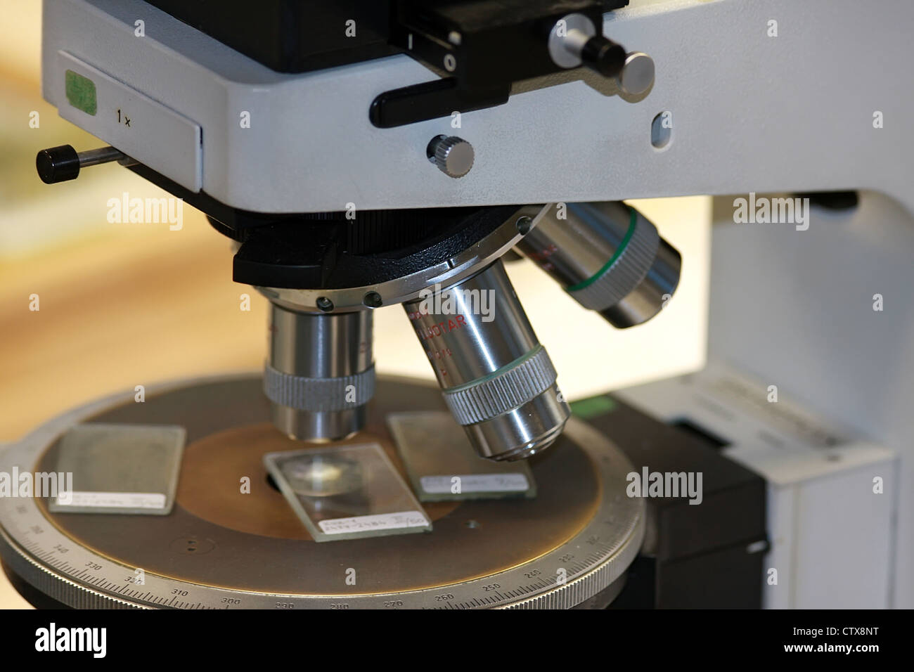 Closeup detail of the microscope in the lab Stock Photo