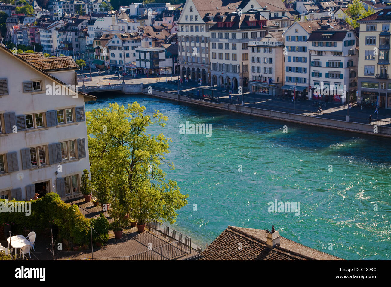 A view of the Limmat river flowing through the city of Zurich, Switzerland Stock Photo