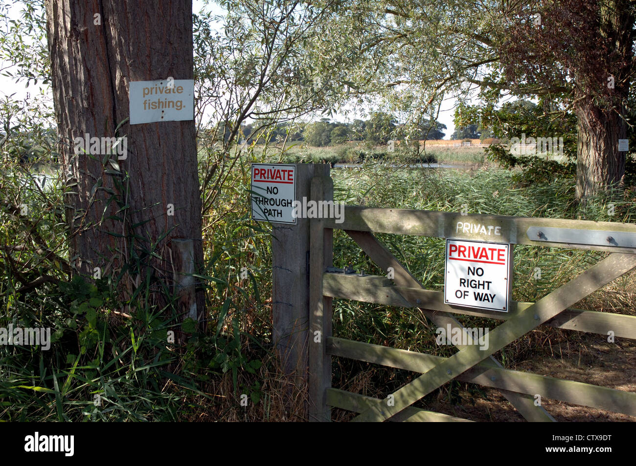 Private - no right of way warning signs on footpath in Norfolk, UK Stock Photo