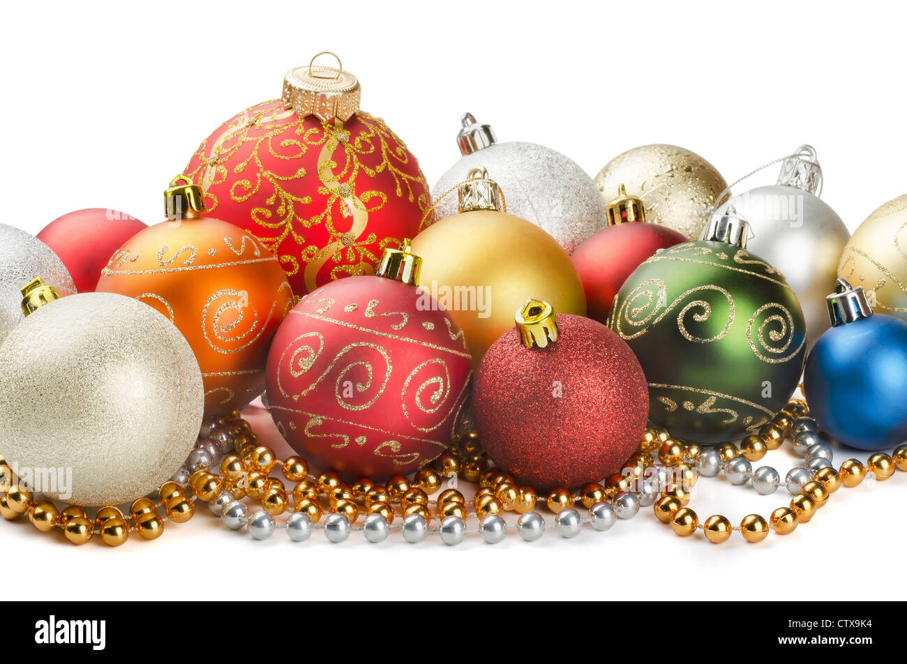 Christmas colorful decoration baubles and beads isolated on white Stock Photo