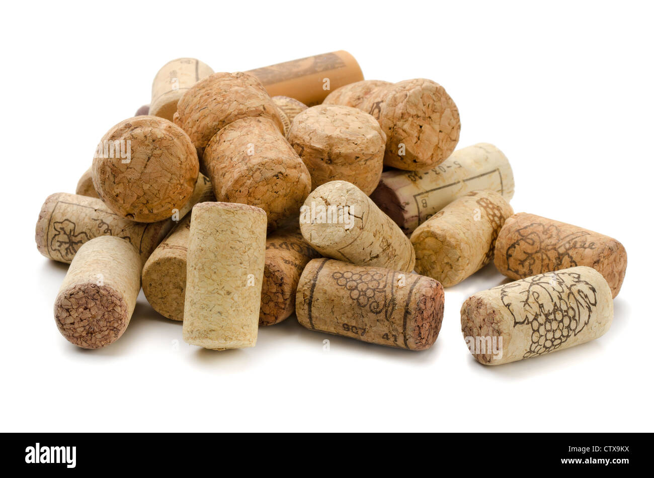 Stack of wine corks on white background Stock Photo
