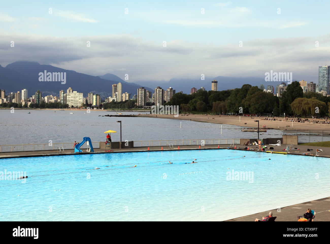Vancouver skyline viewed from Kitsilano swimming pool. Stock Photo