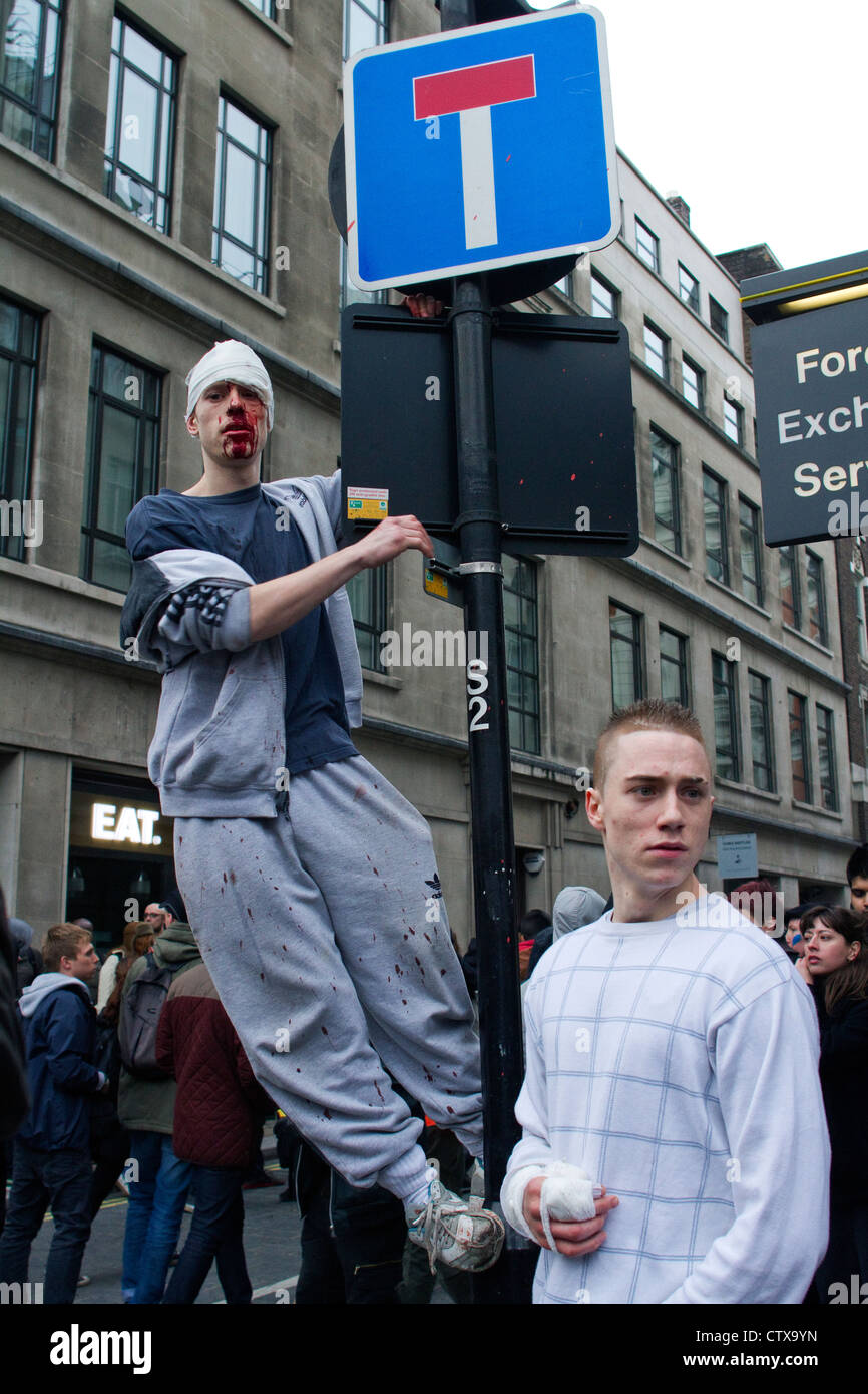 Student protest turns violent in central London. Student protesters at the 2011 demonstration against cuts on higher education. Stock Photo